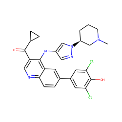 CN1CCC[C@H](n2cc(Nc3c(C(=O)C4CC4)cnc4ccc(-c5cc(Cl)c(O)c(Cl)c5)cc34)cn2)C1 ZINC000114037602