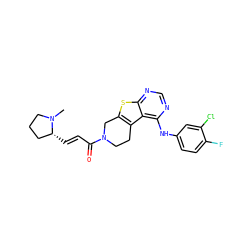 CN1CCC[C@H]1/C=C/C(=O)N1CCc2c(sc3ncnc(Nc4ccc(F)c(Cl)c4)c23)C1 ZINC000059125343