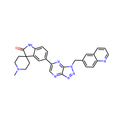 CN1CCC2(CC1)C(=O)Nc1ccc(-c3cnc4nnn(Cc5ccc6ncccc6c5)c4n3)cc12 ZINC000082153355