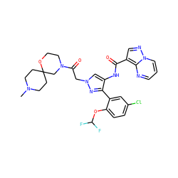 CN1CCC2(CC1)CN(C(=O)Cn1cc(NC(=O)c3cnn4cccnc34)c(-c3cc(Cl)ccc3OC(F)F)n1)CCO2 ZINC001772636017