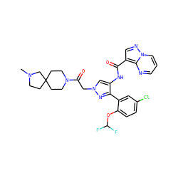 CN1CCC2(CCN(C(=O)Cn3cc(NC(=O)c4cnn5cccnc45)c(-c4cc(Cl)ccc4OC(F)F)n3)CC2)C1 ZINC001772576180