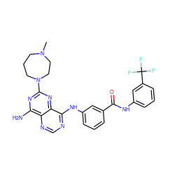 CN1CCCN(c2nc(N)c3ncnc(Nc4cccc(C(=O)Nc5cccc(C(F)(F)F)c5)c4)c3n2)CC1 ZINC000148033457