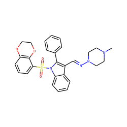 CN1CCN(/N=C/c2c(-c3ccccc3)n(S(=O)(=O)c3cccc4c3OCCO4)c3ccccc23)CC1 ZINC000096917785