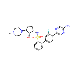 CN1CCN([C@@H]2CC[C@H](NS(=O)(=O)c3ccccc3-c3ccc(-c4cnc(N)cn4)c(F)c3)[C@H]2O)CC1 ZINC001772597676