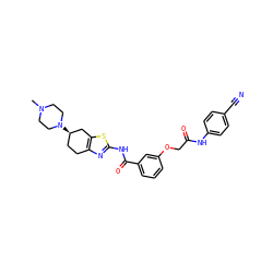CN1CCN([C@@H]2CCc3nc(NC(=O)c4cccc(OCC(=O)Nc5ccc(C#N)cc5)c4)sc3C2)CC1 ZINC000141662786