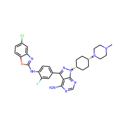 CN1CCN([C@H]2CC[C@@H](n3nc(-c4ccc(Nc5nc6cc(Cl)ccc6o5)c(F)c4)c4c(N)ncnc43)CC2)CC1 ZINC000253953043