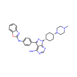 CN1CCN([C@H]2CC[C@@H](n3nc(-c4ccc(Nc5nc6ccccc6o5)cc4)c4c(N)ncnc43)CC2)CC1 ZINC000253951936