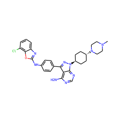 CN1CCN([C@H]2CC[C@H](n3nc(-c4ccc(Nc5nc6cccc(Cl)c6o5)cc4)c4c(N)ncnc43)CC2)CC1 ZINC000101367501