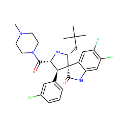 CN1CCN(C(=O)[C@@H]2N[C@H](CC(C)(C)C)[C@]3(C(=O)Nc4cc(Cl)c(F)cc43)[C@H]2c2cccc(Cl)c2)CC1 ZINC000144385078