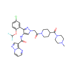 CN1CCN(C(=O)C2CCN(C(=O)Cn3cc(NC(=O)c4cnn5cccnc45)c(-c4cc(Cl)ccc4OC(F)F)n3)CC2)CC1 ZINC001772649048