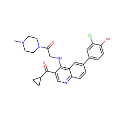 CN1CCN(C(=O)CNc2c(C(=O)C3CC3)cnc3ccc(-c4ccc(O)c(Cl)c4)cc23)CC1 ZINC000114036776
