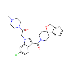 CN1CCN(C(=O)Cn2cc(C(=O)N3CCC4(CC3)OCc3ccccc34)c3ccc(Cl)cc32)CC1 ZINC000140265482