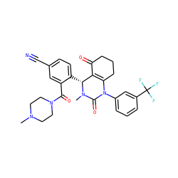CN1CCN(C(=O)c2cc(C#N)ccc2[C@@H]2C3=C(CCCC3=O)N(c3cccc(C(F)(F)F)c3)C(=O)N2C)CC1 ZINC001772652150