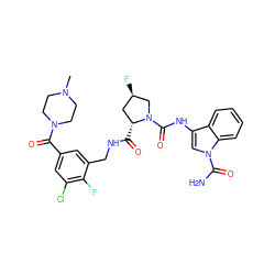 CN1CCN(C(=O)c2cc(Cl)c(F)c(CNC(=O)[C@@H]3C[C@@H](F)CN3C(=O)Nc3cn(C(N)=O)c4ccccc34)c2)CC1 ZINC000148462692