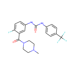 CN1CCN(C(=O)c2cc(NC(=O)Nc3ccc(C(F)(F)F)cc3)ccc2F)CC1 ZINC000049112910