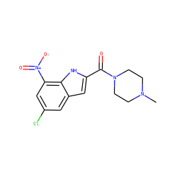 CN1CCN(C(=O)c2cc3cc(Cl)cc([N+](=O)[O-])c3[nH]2)CC1 ZINC000084670208