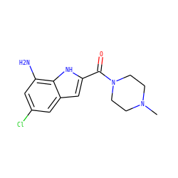 CN1CCN(C(=O)c2cc3cc(Cl)cc(N)c3[nH]2)CC1 ZINC000084671024
