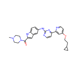 CN1CCN(C(=O)c2cc3cc(Nc4nccc(-c5cc(OCCC6CC6)ccn5)n4)ccc3[nH]2)CC1 ZINC000144228158