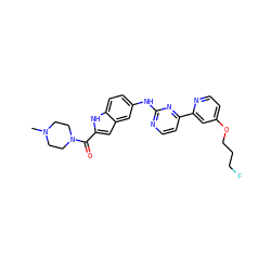 CN1CCN(C(=O)c2cc3cc(Nc4nccc(-c5cc(OCCCF)ccn5)n4)ccc3[nH]2)CC1 ZINC000145296966