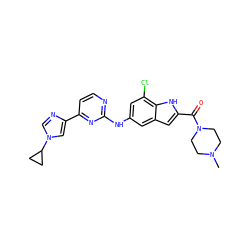 CN1CCN(C(=O)c2cc3cc(Nc4nccc(-c5cn(C6CC6)cn5)n4)cc(Cl)c3[nH]2)CC1 ZINC000205651111