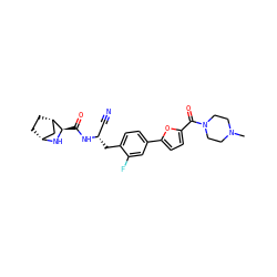 CN1CCN(C(=O)c2ccc(-c3ccc(C[C@@H](C#N)NC(=O)[C@H]4N[C@@H]5CC[C@H]4C5)c(F)c3)o2)CC1 ZINC000220835615