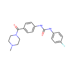 CN1CCN(C(=O)c2ccc(NC(=O)Nc3ccc(F)cc3)cc2)CC1 ZINC000049088841