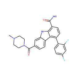 CN1CCN(C(=O)c2ccc3c(c2)[nH]c2c(C(N)=O)ccc(-c4ccc(F)cc4F)c23)CC1 ZINC000473122751