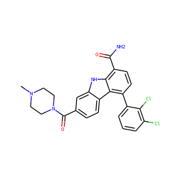 CN1CCN(C(=O)c2ccc3c(c2)[nH]c2c(C(N)=O)ccc(-c4cccc(Cl)c4Cl)c23)CC1 ZINC000473126401