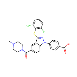 CN1CCN(C(=O)c2ccc3c(c2)c(Sc2c(Cl)cccc2Cl)nn3-c2ccc(C(=O)O)cc2)CC1 ZINC001772635314