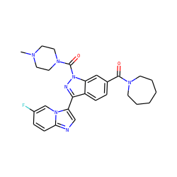 CN1CCN(C(=O)n2nc(-c3cnc4ccc(F)cn34)c3ccc(C(=O)N4CCCCCC4)cc32)CC1 ZINC000115950892