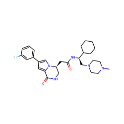 CN1CCN(C[C@@H](NC(=O)C[C@H]2CNC(=O)c3cc(-c4cccc(F)c4)cn32)C2CCCCC2)CC1 ZINC000169325498