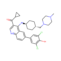 CN1CCN(C[C@H]2CC[C@H](Nc3c(C(=O)C4CC4)cnc4ccc(-c5cc(Cl)c(O)c(Cl)c5)cc34)CC2)CC1 ZINC000473152114