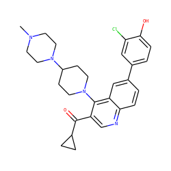 CN1CCN(C2CCN(c3c(C(=O)C4CC4)cnc4ccc(-c5ccc(O)c(Cl)c5)cc34)CC2)CC1 ZINC000114038691