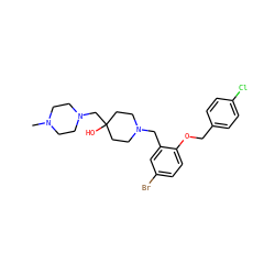 CN1CCN(CC2(O)CCN(Cc3cc(Br)ccc3OCc3ccc(Cl)cc3)CC2)CC1 ZINC000028822128