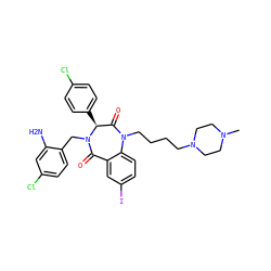 CN1CCN(CCCCN2C(=O)[C@H](c3ccc(Cl)cc3)N(Cc3ccc(Cl)cc3N)C(=O)c3cc(I)ccc32)CC1 ZINC000038377662