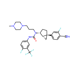 CN1CCN(CCCN(C(=O)Nc2ccc(F)c(C(F)(F)F)c2)[C@@H]2CC[C@]3(c4ccc(C#N)c(F)c4)C[C@H]23)CC1 ZINC000036351514