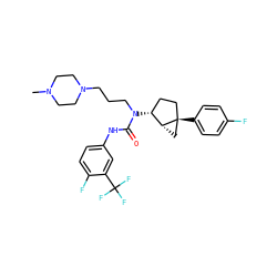 CN1CCN(CCCN(C(=O)Nc2ccc(F)c(C(F)(F)F)c2)[C@@H]2CC[C@]3(c4ccc(F)cc4)C[C@H]23)CC1 ZINC000028572586