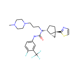CN1CCN(CCCN(C(=O)Nc2ccc(F)c(C(F)(F)F)c2)[C@@H]2CC[C@]3(c4nccs4)C[C@H]23)CC1 ZINC000036351538