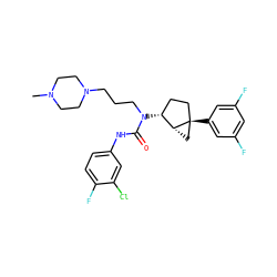 CN1CCN(CCCN(C(=O)Nc2ccc(F)c(Cl)c2)[C@@H]2CC[C@]3(c4cc(F)cc(F)c4)C[C@H]23)CC1 ZINC000022935429