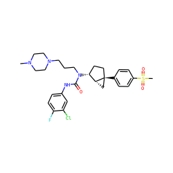 CN1CCN(CCCN(C(=O)Nc2ccc(F)c(Cl)c2)[C@@H]2CC[C@]3(c4ccc(S(C)(=O)=O)cc4)C[C@H]23)CC1 ZINC000028572639