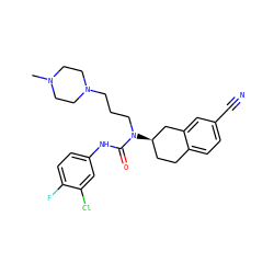CN1CCN(CCCN(C(=O)Nc2ccc(F)c(Cl)c2)[C@@H]2CCc3ccc(C#N)cc3C2)CC1 ZINC000036351888