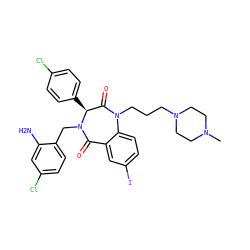 CN1CCN(CCCN2C(=O)[C@H](c3ccc(Cl)cc3)N(Cc3ccc(Cl)cc3N)C(=O)c3cc(I)ccc32)CC1 ZINC000038377663