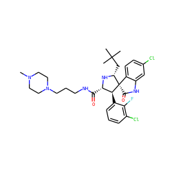 CN1CCN(CCCNC(=O)[C@@H]2N[C@H](CC(C)(C)C)[C@]3(C(=O)Nc4cc(Cl)ccc43)[C@H]2c2cccc(Cl)c2F)CC1 ZINC000147084596