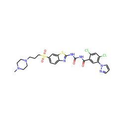 CN1CCN(CCCS(=O)(=O)c2ccc3nc(NC(=O)NC(=O)c4cc(-n5cccn5)c(Cl)cc4Cl)sc3c2)CC1 ZINC000163995930