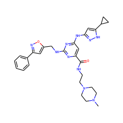 CN1CCN(CCNC(=O)c2cc(Nc3cc(C4CC4)[nH]n3)nc(NCc3cc(-c4ccccc4)no3)n2)CC1 ZINC000203004728