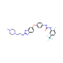 CN1CCN(CCNc2nc3ccc(Oc4ccc(NC(=O)Nc5cc(C(F)(F)F)ccc5F)cc4)cc3[nH]2)CC1 ZINC000023359577