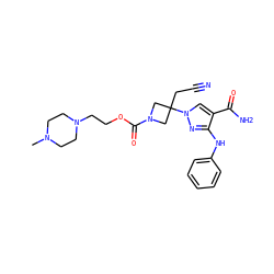CN1CCN(CCOC(=O)N2CC(CC#N)(n3cc(C(N)=O)c(Nc4ccccc4)n3)C2)CC1 ZINC000222090267