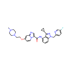 CN1CCN(CCOc2ccn3c(C(=O)Nc4cccc5c4c(C4CC4)nn5Cc4ccc(F)cn4)cnc3c2)CC1 ZINC000117891927