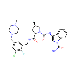 CN1CCN(Cc2cc(Cl)c(F)c(CNC(=O)[C@@H]3C[C@@H](F)CN3C(=O)Nc3cn(C(N)=O)c4ccccc34)c2)CC1 ZINC000148148336