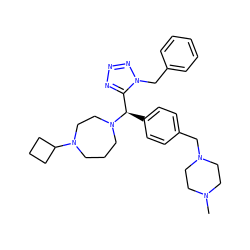 CN1CCN(Cc2ccc([C@H](c3nnnn3Cc3ccccc3)N3CCCN(C4CCC4)CC3)cc2)CC1 ZINC000058591906